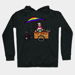 Gay pride lgbtq street food vendor selling Thai noodle. Asian outdoor healthy eating. Hoodie